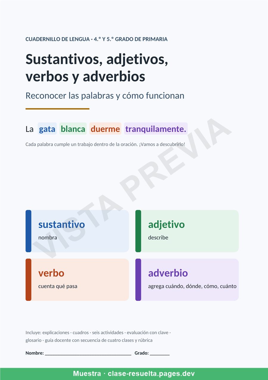 Vista previa página 1: Clases de palabras: sustantivos, adjetivos, verbos y adverbios
